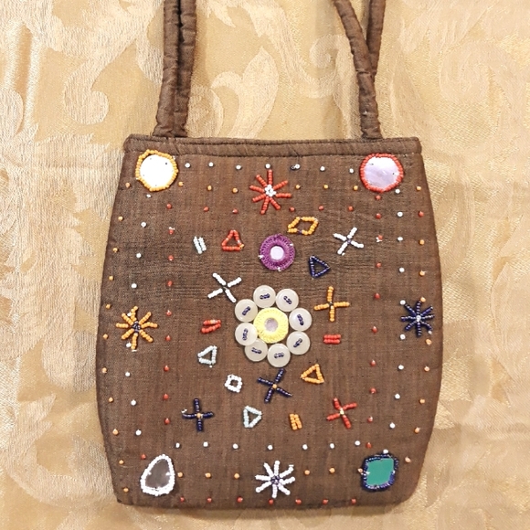 Artsy Boho Floral Beaded Brown Fabric Handbag - Picture 3 of 8